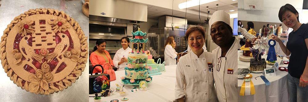 Yi's (from left to right) first pie at NGI, final cake at ICE with Chef Toba and blue ribbon at the CCCSAS Cake Show &amp;amp; Competition.