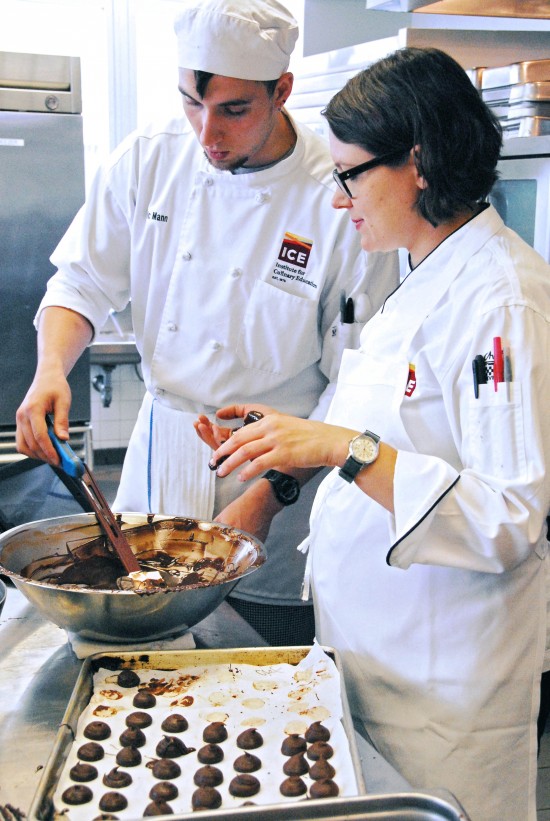 Jenny teaches ICE culinary students how to temper chocolate.
