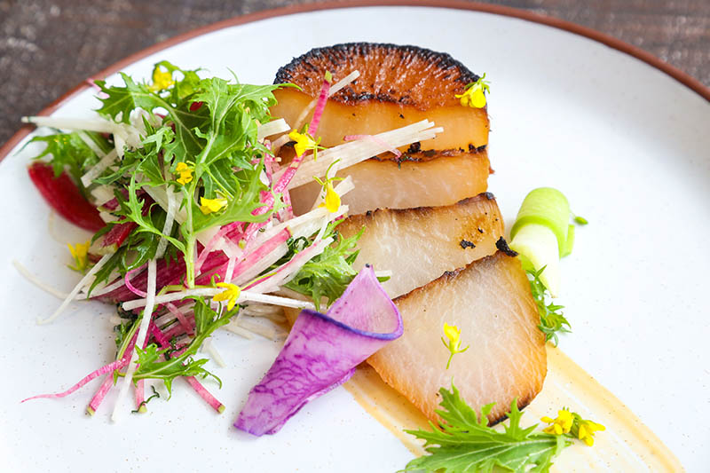 Korean-Style Braised Daikon with Mizuna, Kale, Radish Salad