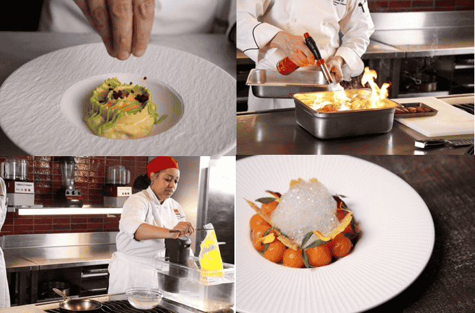 series of photos showing techniques covered in ICE's Advanced Contemporary Cuisine & Technique course