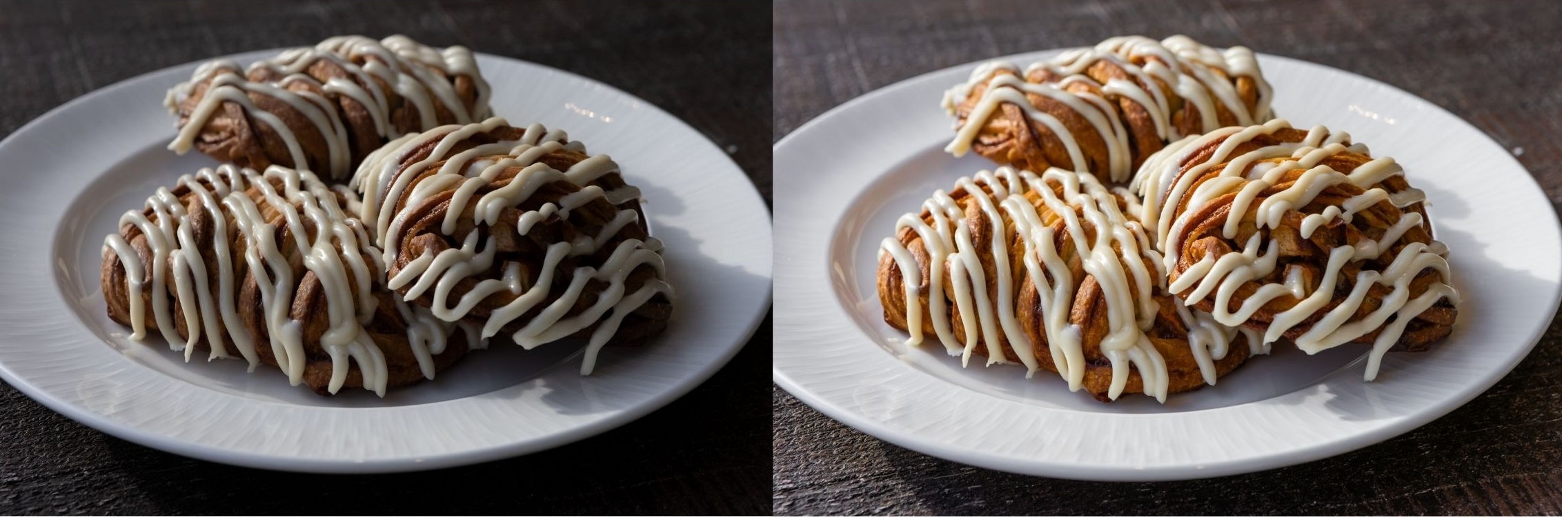 Two images of cinnamon apple braids with different lighting.