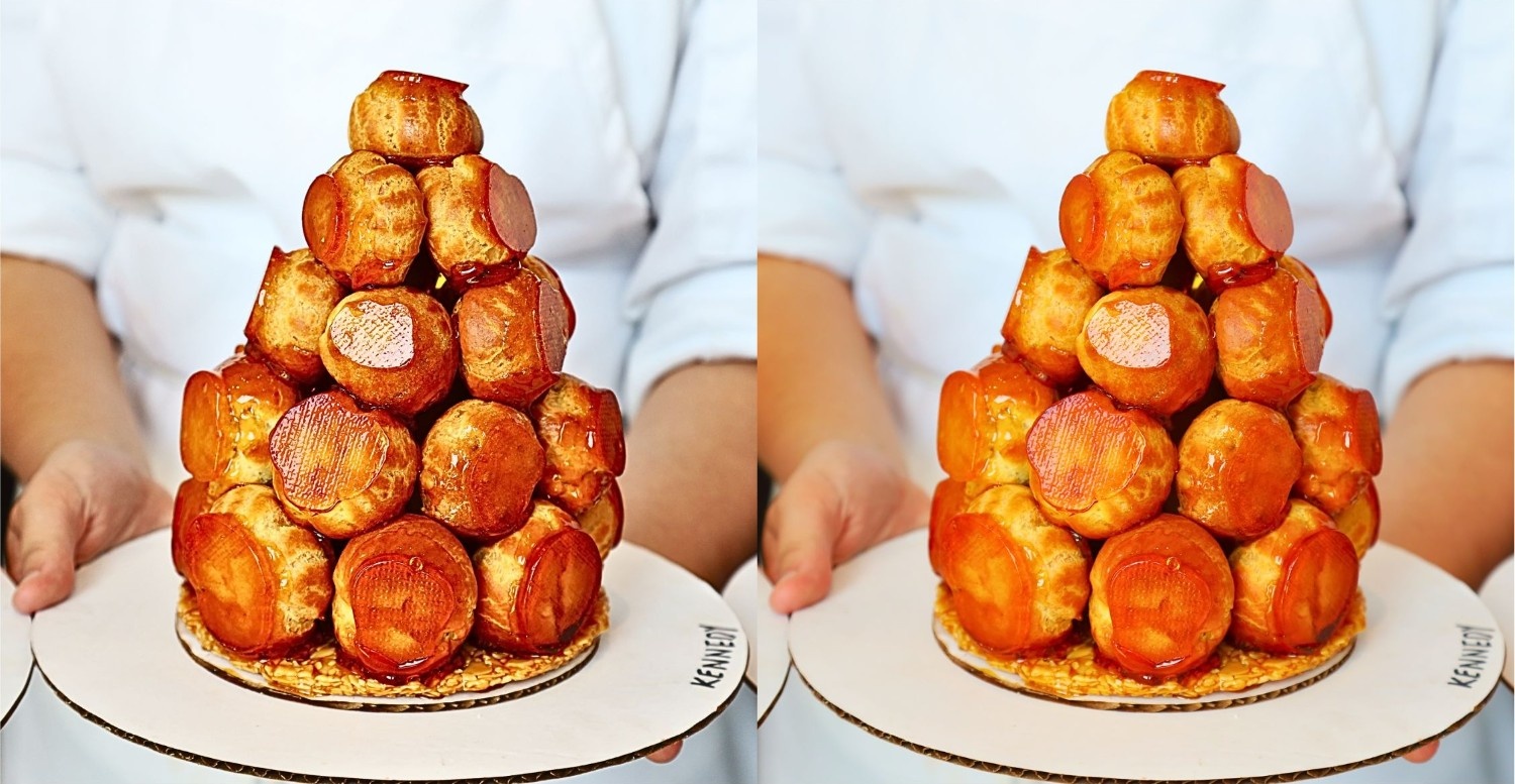 Two side by side photos of croquembouche for clarity comparision.