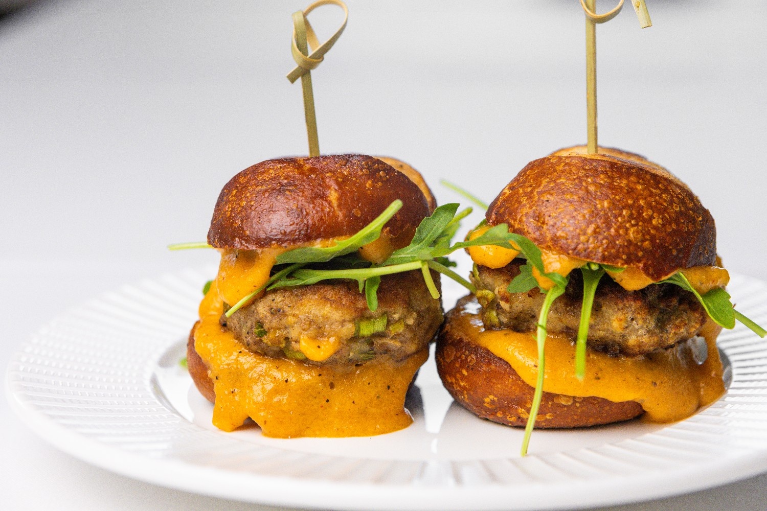 Photo of two burgers on a plate.