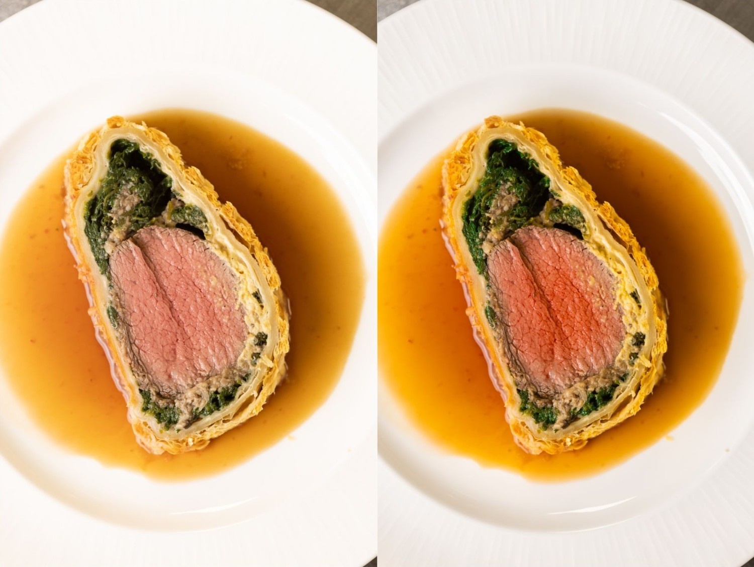 Two side by side photos of beef Wellington