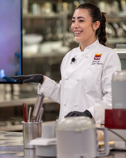 ICE alum Masah Habibeh in a demo kitchen at the LA campus.
