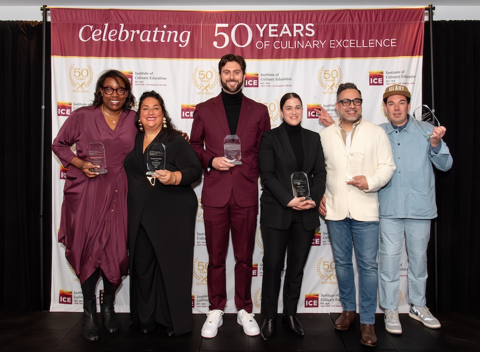 Pictured from left to right: ICE alumni Mashama Bailey, Ayesha Nurdjaja, Dr. Nate Wood, Mary Attea, David Viana, and Robby Cook at last year's 50th celebration.