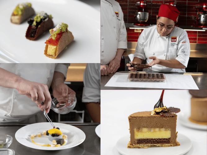 Four separate panels showcasing pastry making: the top left shows three sweet, taco-shaped desserts filled with fruit and cream; the top right shows a chef wearing an Institute of Culinary Education uniform carefully piping melted chocolate into a plastic mold; the bottom left shows a chef's hands using tweezers to meticulously plate a delicate, modern dessert on a white dish; the bottom right shows a close-up cross-section of a layered chocolate mousse cake topped with gold leaf.