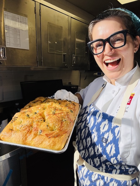 ICE grad Ellen Bennet with baked focaccia.  