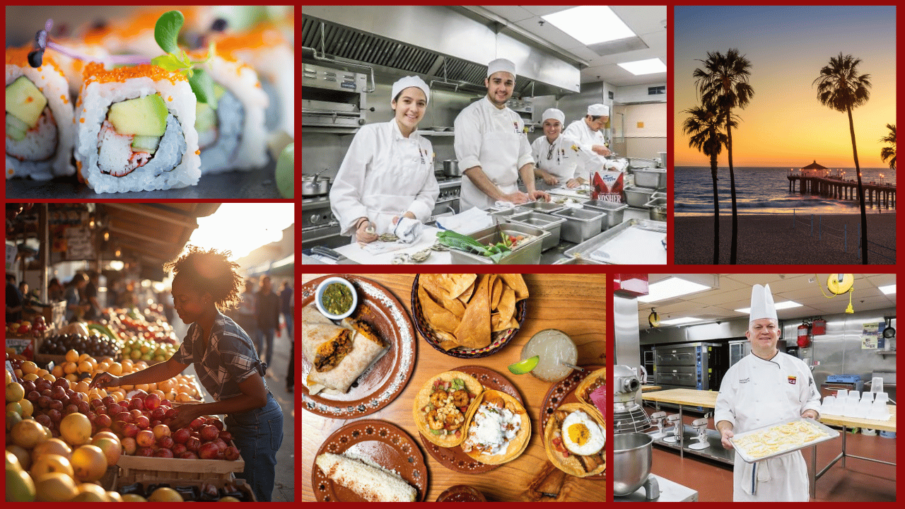 A collage of six images bordered in red, showcasing California's culinary and coastal culture.