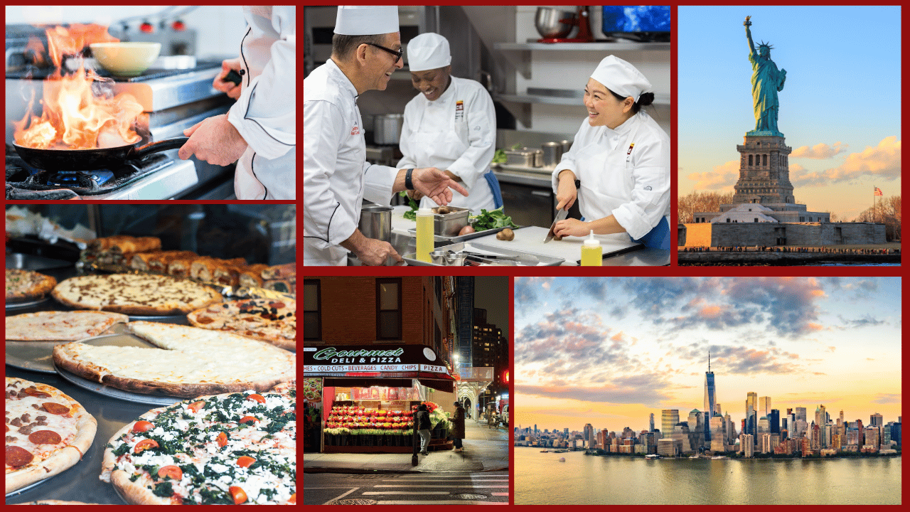 A photo collage featuring culinary and New York City themes, divided by red borders into five sections.
