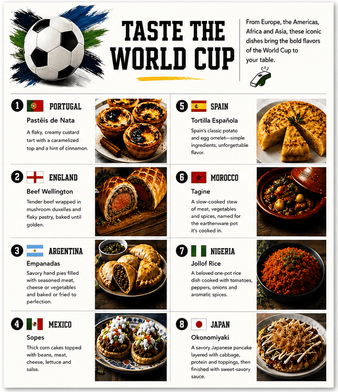 An infographic titled "Taste the World Cup" showcasing iconic dishes from different participating countries.