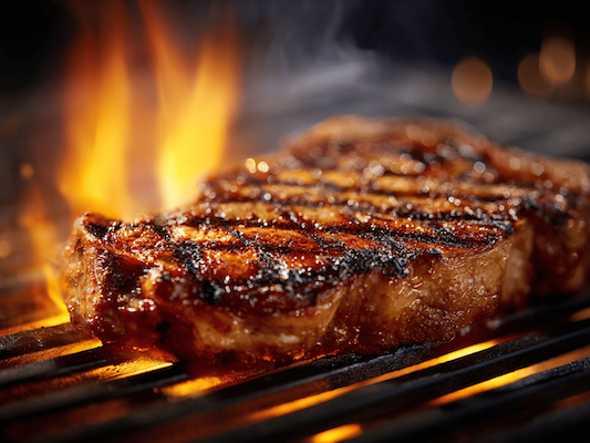 A thick steak searing on a grill grate with bright orange flames flaring up on the left.
