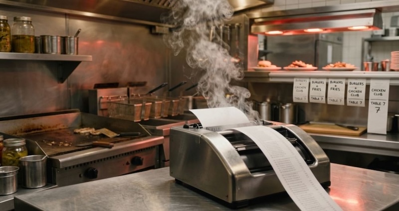 A busy restaurant kitchen featuring a paper receipt printer on the counter, surrounded by cooking equipment and ingredients.