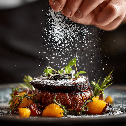 . A chef adds salt to a steak, enhancing its flavor, while standing in a well-equipped kitchen.