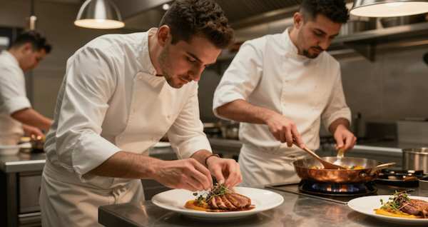Two chefs in a commercial kitchen, focused on preparing dishes with various ingredients and cooking equipment around them.