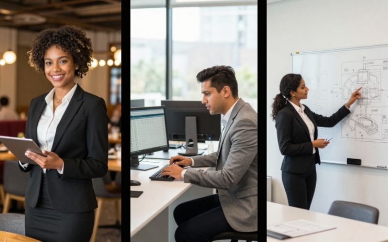 A three-panel banner showing diverse business professionals: a smiling woman in a black suit holding a tablet, a man working at a desktop computer, and a woman presenting technical drawings on a whiteboard.