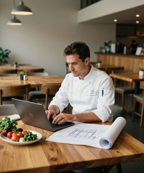 A male chef in a white double-breasted uniform sits at a wooden table in an empty, modern restaurant. He typing on a grey laptop. In front of him lies a rolled-out blueprint or architectural layout. To the left is a plate of fresh vegetables including tomatoes, garlic, and greens.