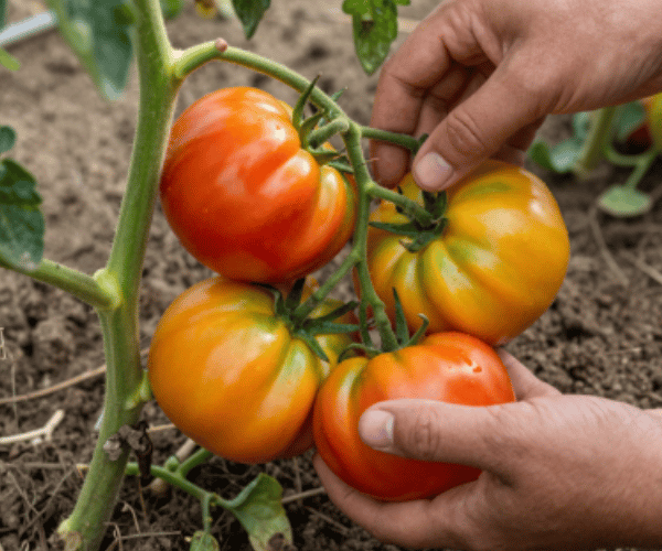 A close-up of a person's hands checking a cluster of large, ripening orange and red heirloom tomatoes growing on a vine in a garden.