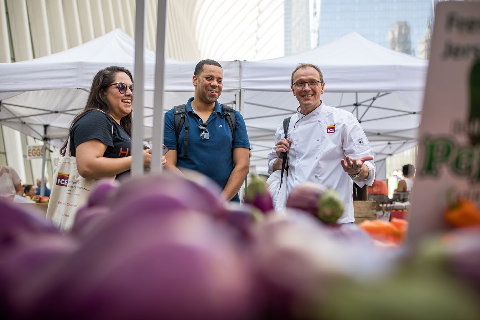 Chef Bill Telepan leads ICE students on a tour of the Greenmarket at Oculus Plaza.