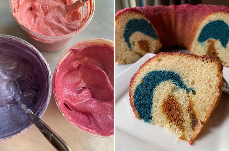 Red and blue buttercream and bundt cake.