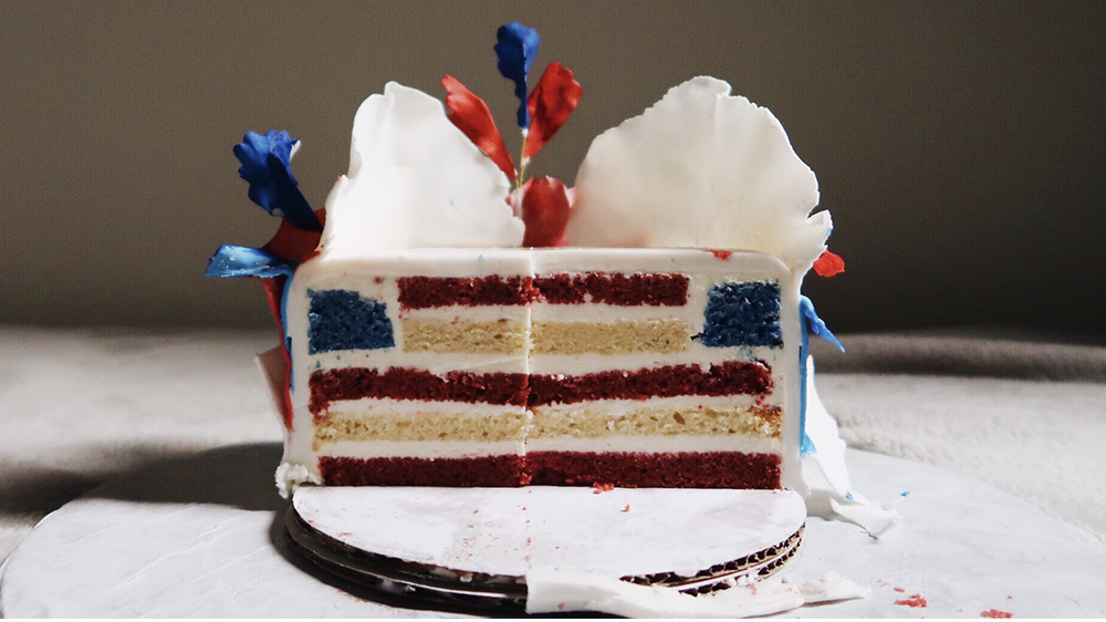 The inside of a red, white and blue cake looks like the American flag.