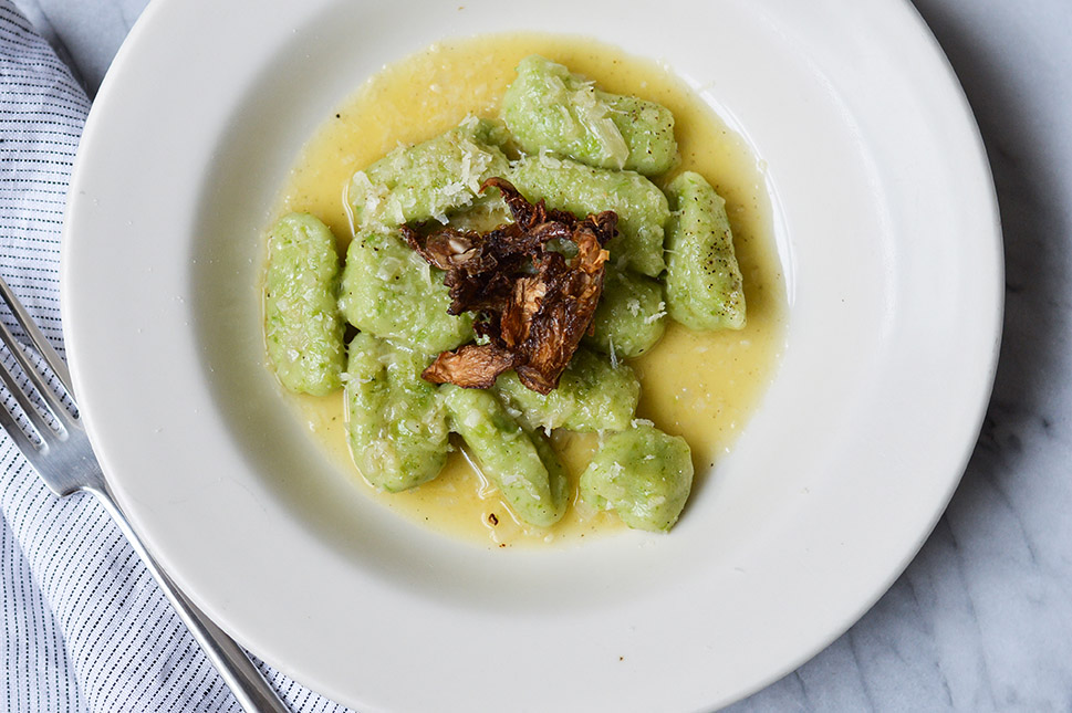 Sweet Pea Gnocchi with Roasted Oyster Mushrooms in a Shallot Broth