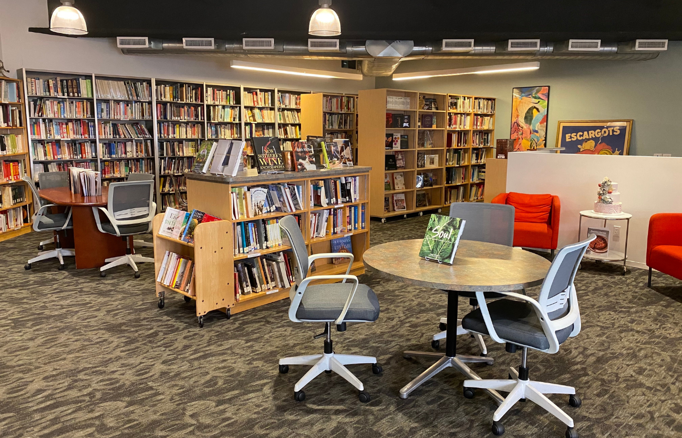 inside of culinary library with books and tables
