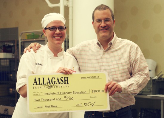 Katherine Buckley receives the $2,000 grand prize scholarship from Allagash founder Rob Todd