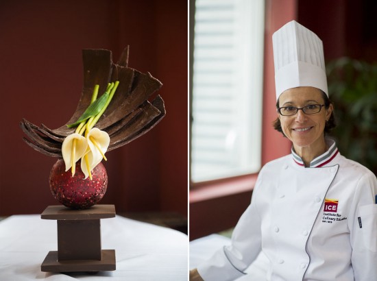 chef michelle tampakis with chocolate sculpture