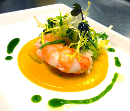Shrimp salad with carrot-ginger puree and cilantro oil.