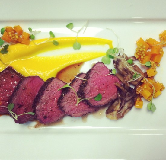 Pan-roasted venison with butternut squash two ways and maitake mushrooms