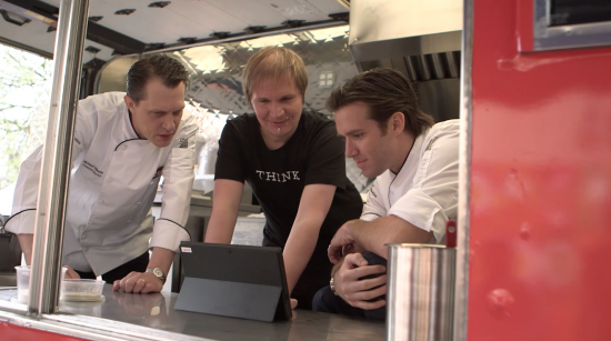 ICE Chefs Michael Laiskonis and James Briscione consult the Watson system with IBM Senior Engineer and ICE Culinary Arts alumnus Florian Pinel.