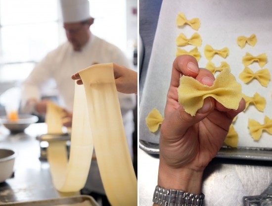 Making "farfalle" (bow tie pasta) from scratch at the garde manger station.