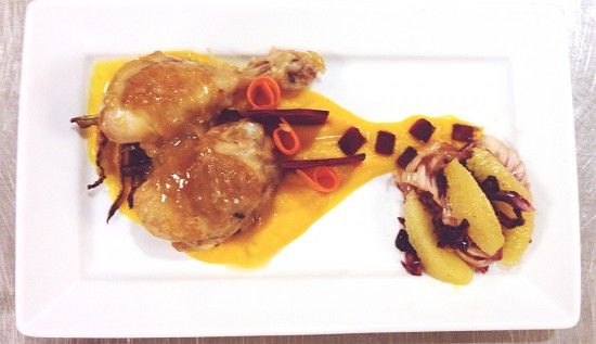 My "market basket" exam: braised chicken with orange/squash puree, roasted and raw beets, carrot ribbons, stewed radicchio, pan sauce.