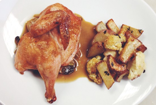 A "market basket" trial run: half poussin with roasted potatoes, cauliflower and porcini ragout