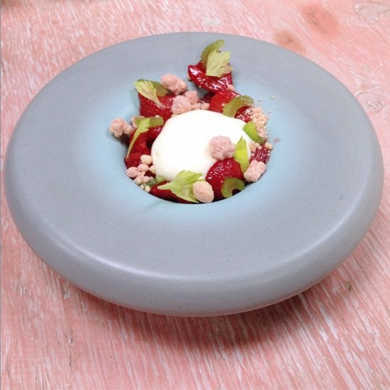 Pastry Chef Bill Corbett Strawberries, ricotta mousee, lemon cake, celery by Bill Corbett. Photo credit: @el_cuchillo