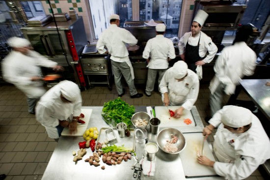Areal view of a busy restaurant kitchen in New York City