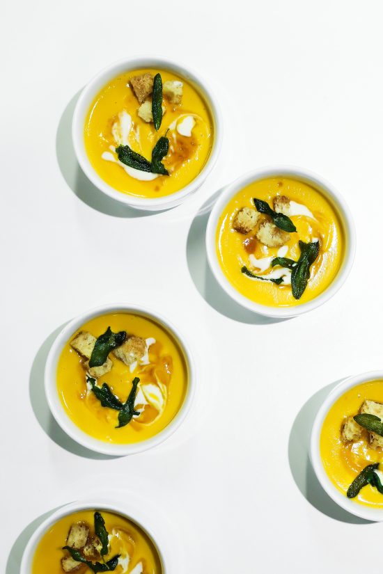 squash soup with crispy sage is a southern side dishes for thanksgiving