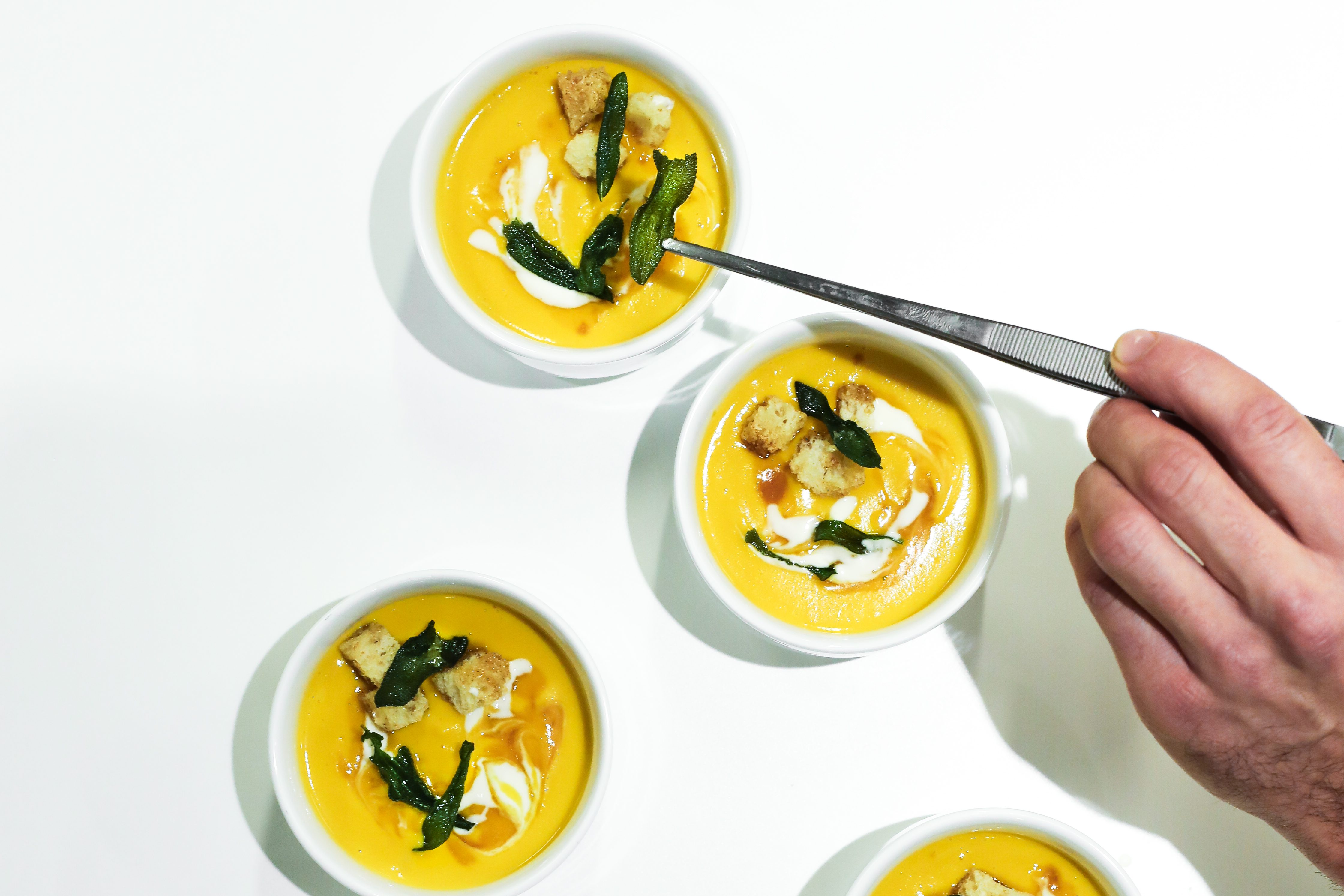 Creamy Sweet Potato Soup With Brown Butter, Sorghum Syrup and Sage Croutons