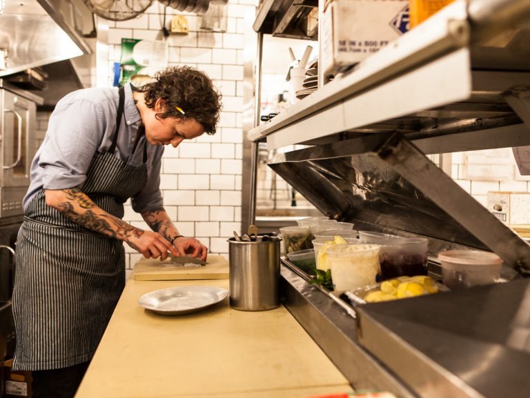 NYC Chef Ashley Merriman in the kitchen at Prune Restaurant 