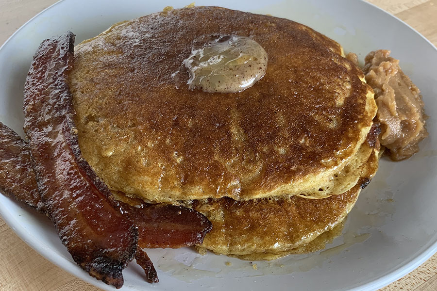 Chef Penny's pancakes are served with candied bacon.