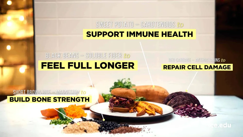 a dish from ICE's Culinary Nutrition course, annotated to show it's various health benefits