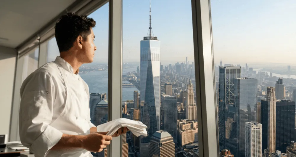 A chef in a white uniform holds a cloth, gazing out a large window at the city skyline, featuring a prominent skyscraper under a clear sky.