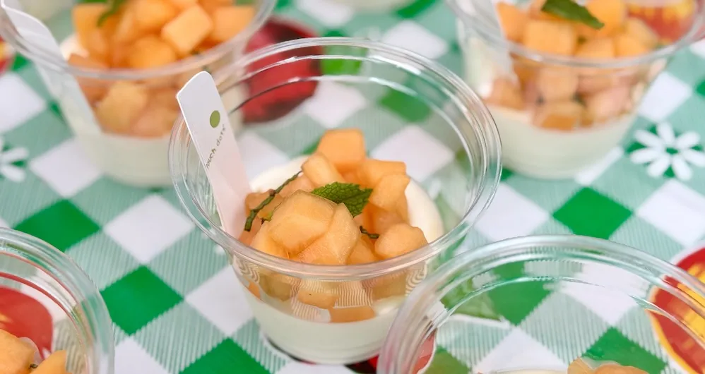 Single serve yogurt panna cottas on checked table cloth