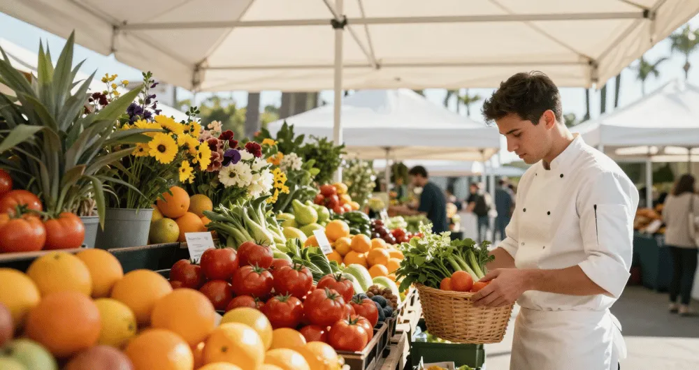 A young chef in a white uniform selects fresh vegetables and fruits at a vibrant outdoor market with colorful displays.
