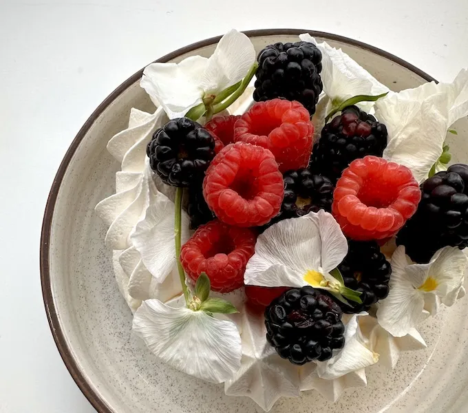 Sugar-Preserved Apple Pie Aquafaba Pavlova on a white table.