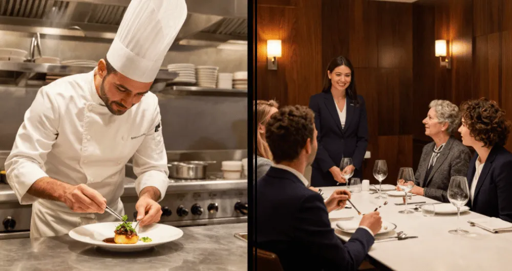 alt="A side-by-side composite photo: the left side shows a male chef in a white uniform plating a gourmet dish; the right side shows a hostess in a suit standing by a dining table with seated guests in a dimly lit restaurant."