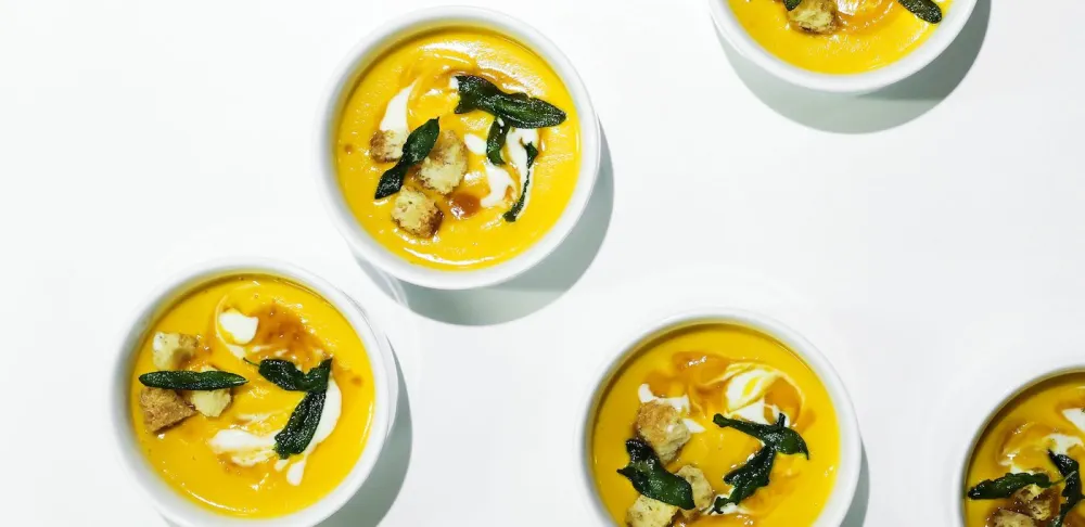 Creamy Sweet Potato Soup With Brown Butter, Sorghum Syrup and Sage Croutons