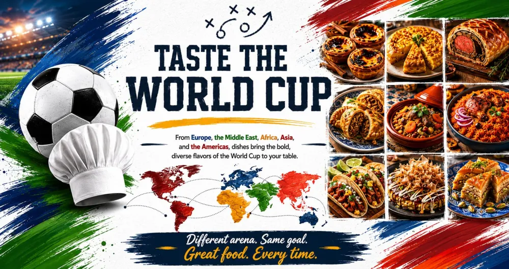 Promotional web banner titled "TASTE THE WORLD CUP" featuring a soccer ball, a chef's hat, and a grid of international food dishes against a background of textured paint strokes.