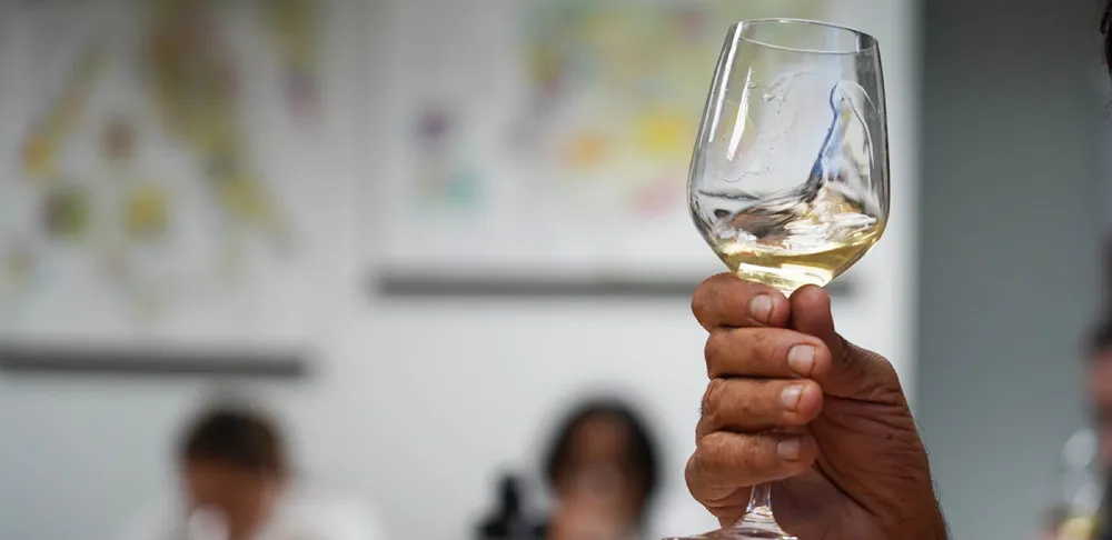 A hand swirls white wine in a glass
